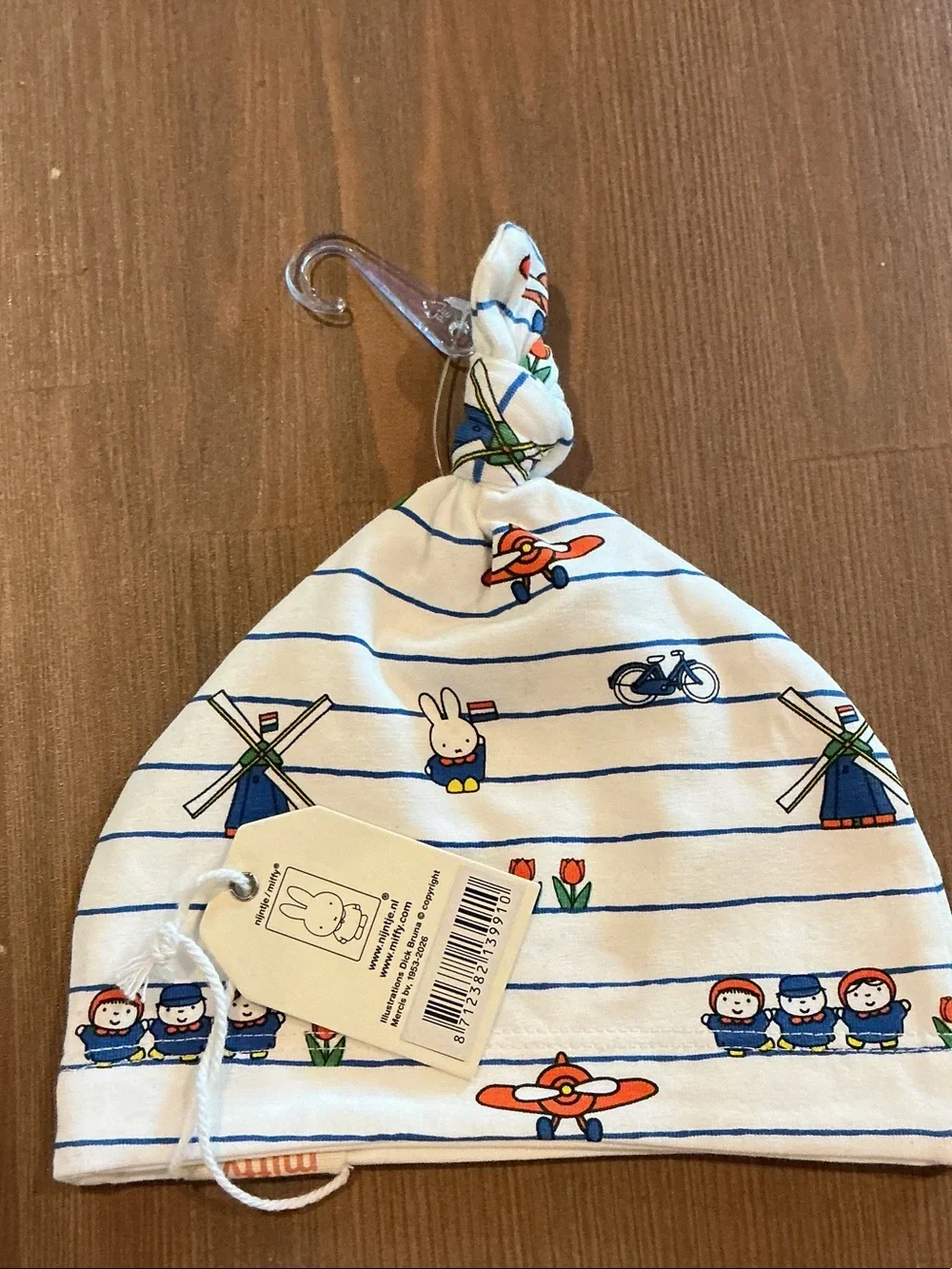Nijntje x Miffy beanie hat with Blue Stripes and Orange Tulip Accents